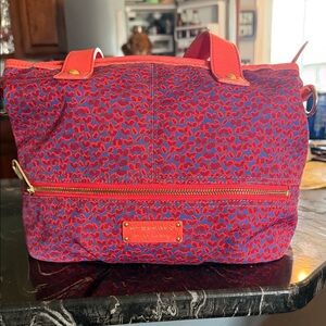 Burberry Blue Label Red Patterned Tote Bag with Coral Trim - Designer Style